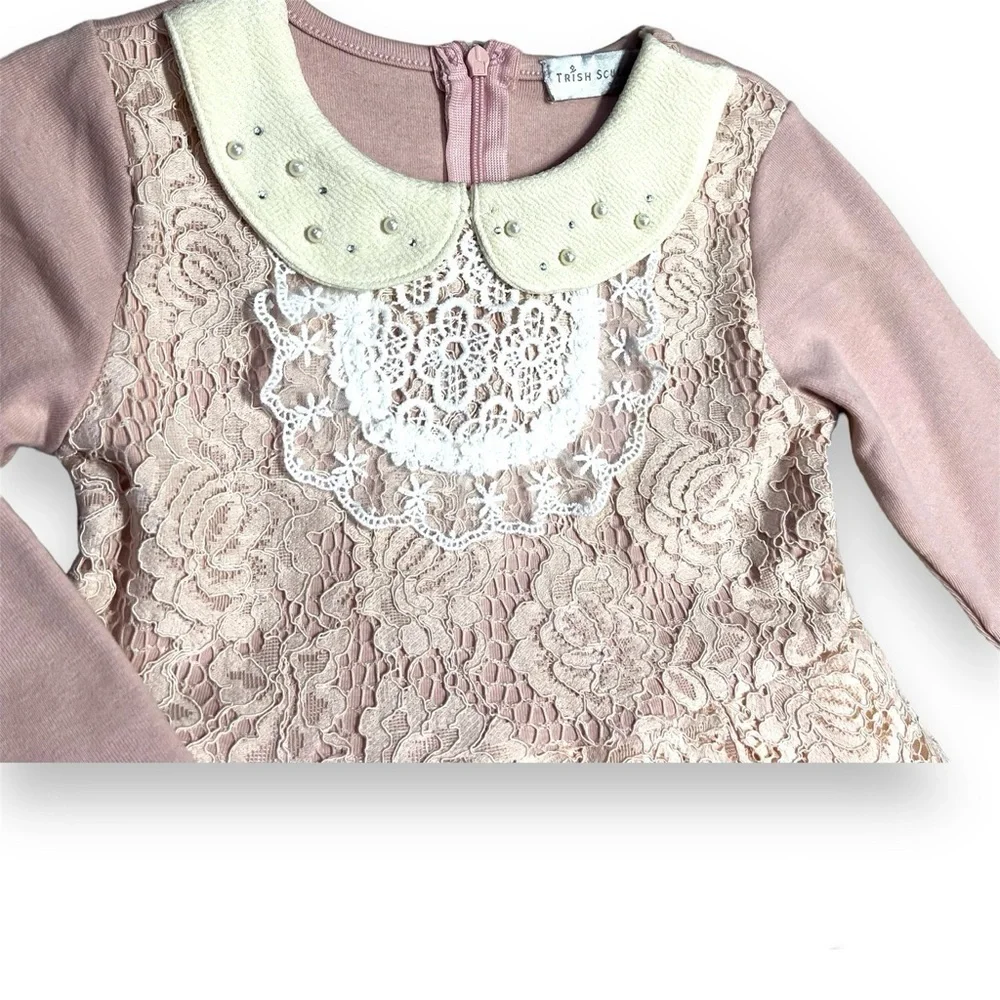 Trish Scully Girls 3/3T‎ Lace Peter Pan Colllar Dress Blush Pink Boutique Pearl